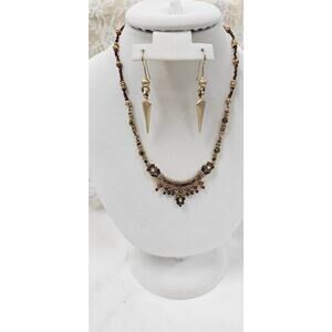 Vintage-Inspired Bohemian Garnet Bib Necklace & Spike Drop Earrings Set